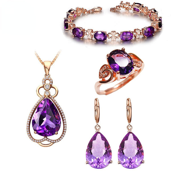 Collar de cadena, anillo, pendiente y pulsera con hoja de cristal morado de lujo chapado en oro rosa.