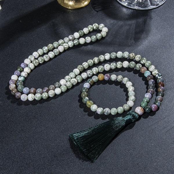 Collar Mala 108 con cuentas de ónix indio y jade de la suerte de 8 mm para hombres y mujeres