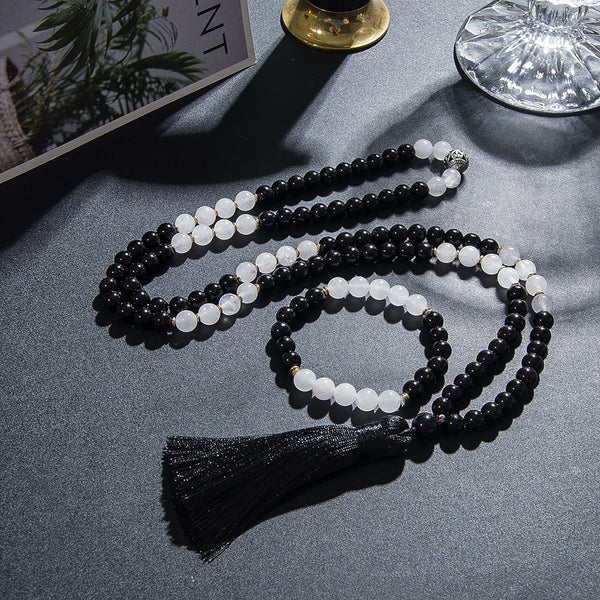 8mm Natural Black Onyx White Jade 108 Mala Beaded Necklace