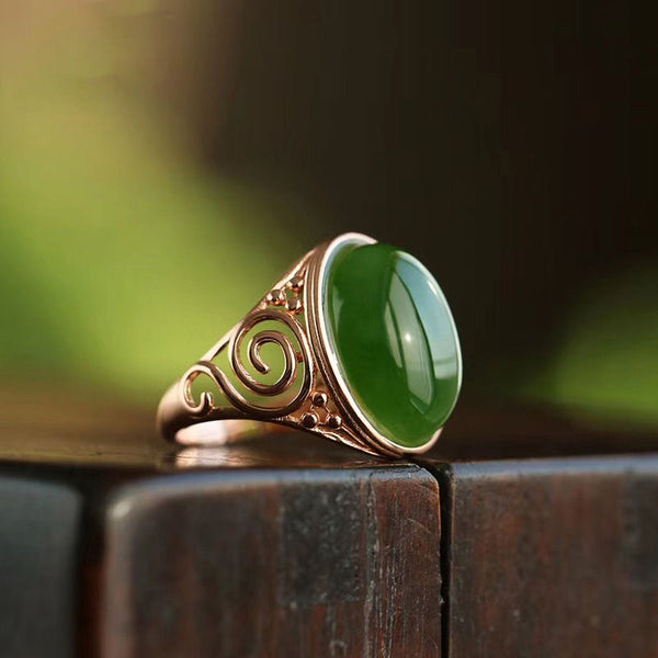 Natural Hetian green jade oval open adjustable ring