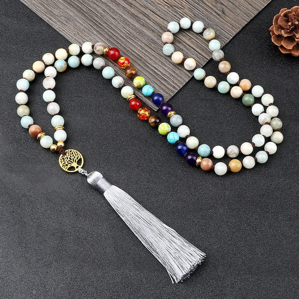 Fashion Amazonite Stone Beaded chakra Necklace Tree of Life Chain Charm Necklace For Women