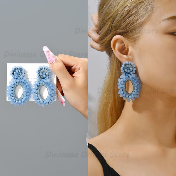 Pendientes colgantes ovalados grandes de tela con cuentas hechas a mano para mujer