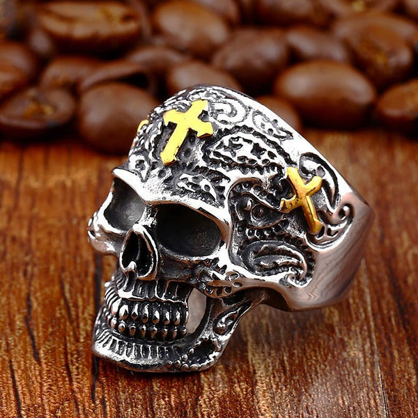Anillo de calavera con cruz gótica para hombre, estilo punk, hip hop, de acero inoxidable, estilo motero.