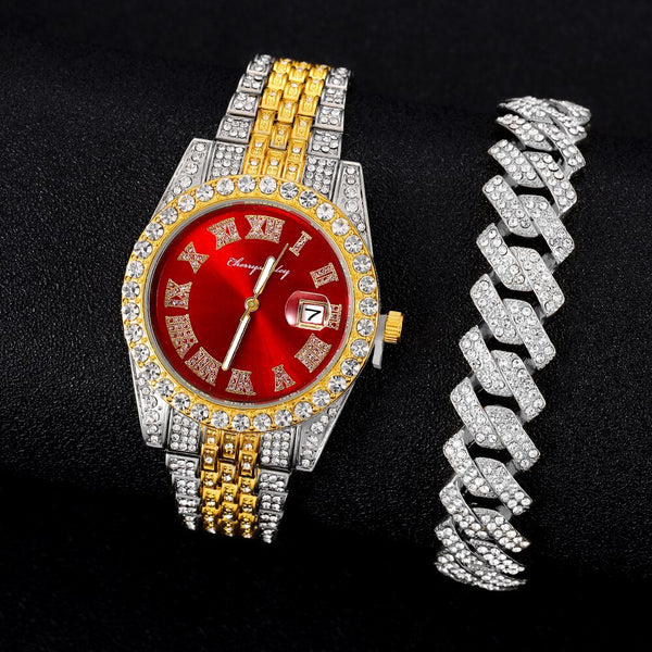 Reloj de pulsera de cadena cubana con diamantes de imitación de lujo para mujer, color rojo helado