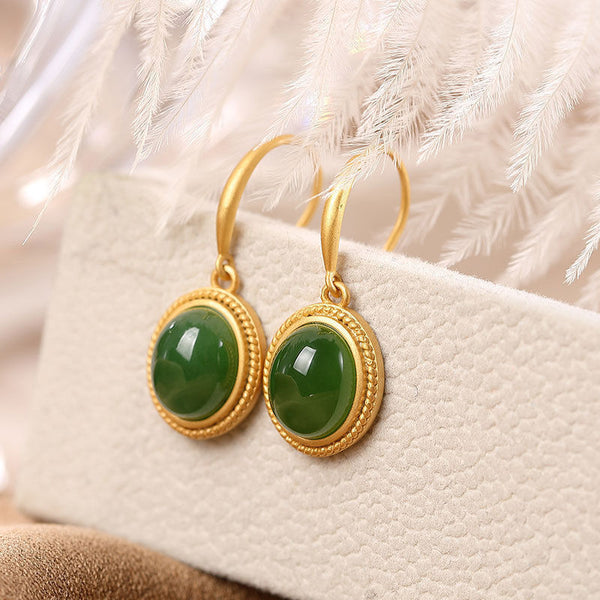 Autumn new style ancient gold craft natural Hetian jade green oval earrings