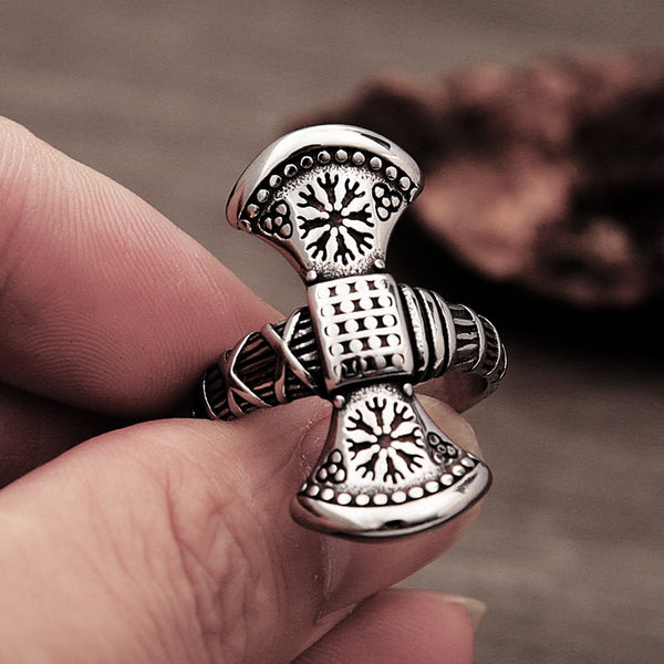 Anillo de brújula vikinga vintage para hombre y niño, diseño creativo, anillo nórdico vikingo de doble hacha.