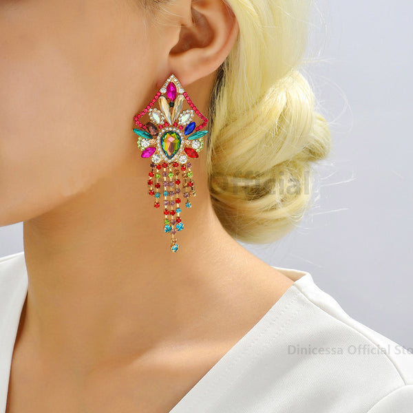 Pendientes largos colgantes con borlas de cristal coloridas de estilo étnico bohemio para mujer