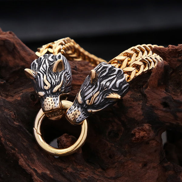 Pulsera de moda vintage nórdica con cabeza de lobo vikingo para hombre