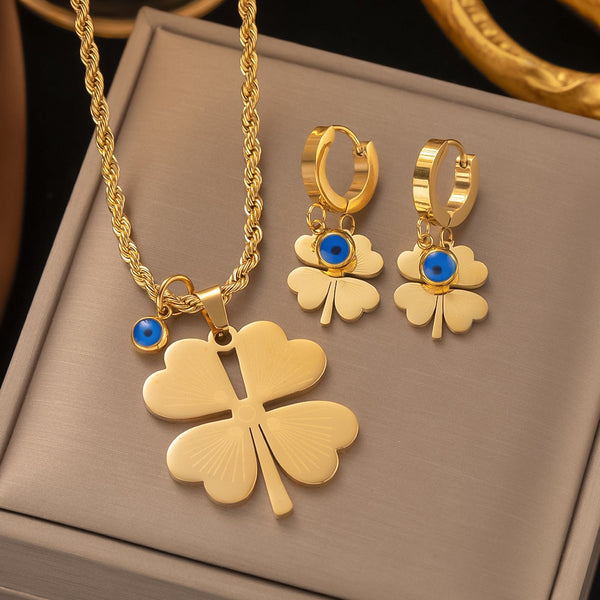 Pendientes de acero inoxidable 316L con trébol de cuatro hojas y ojos azules clásicos tallados. Collar para mujer.