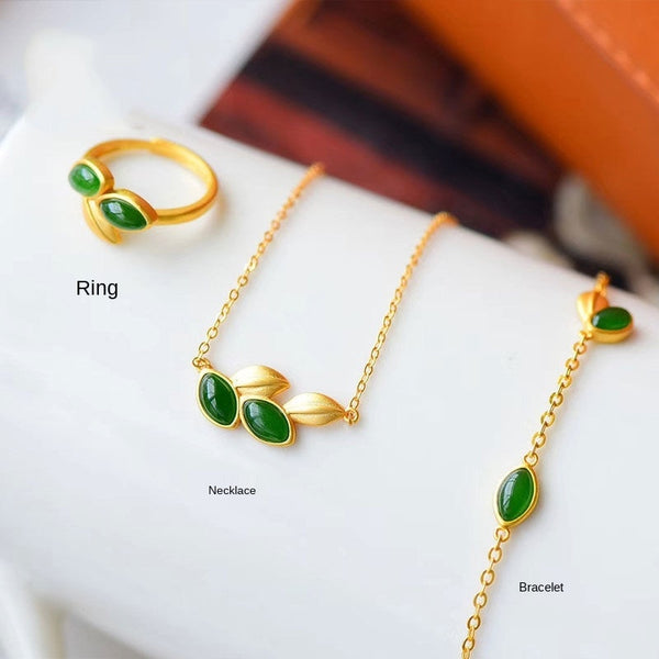 Conjunto de hojas de jade hetiano natural centralizado, amuleto artesanal de oro antiguo único retro para mujer