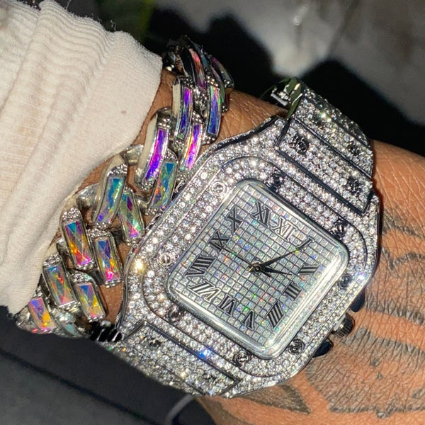Full Iced Out Watch Mens Cuban Link Chain Bracelet watch