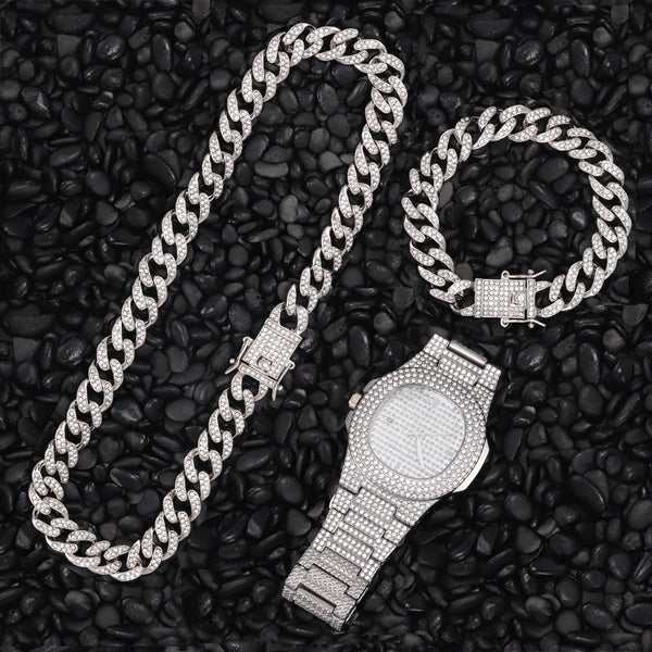 1 Kit Collar + Reloj + Pulsera Hip Hop Rapero Cadena Cubana