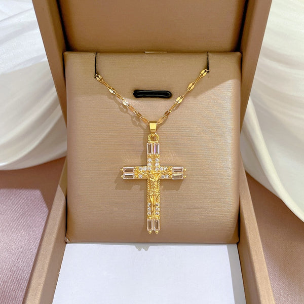 Collar con colgante de cruz grande vintage coreano