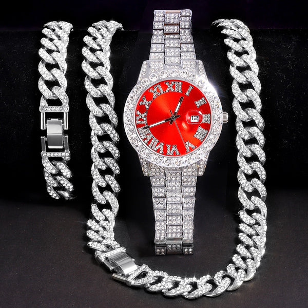Necklace+Watch+Bracelet Full Iced Out Watch Men Cuban Link Chain Necklace