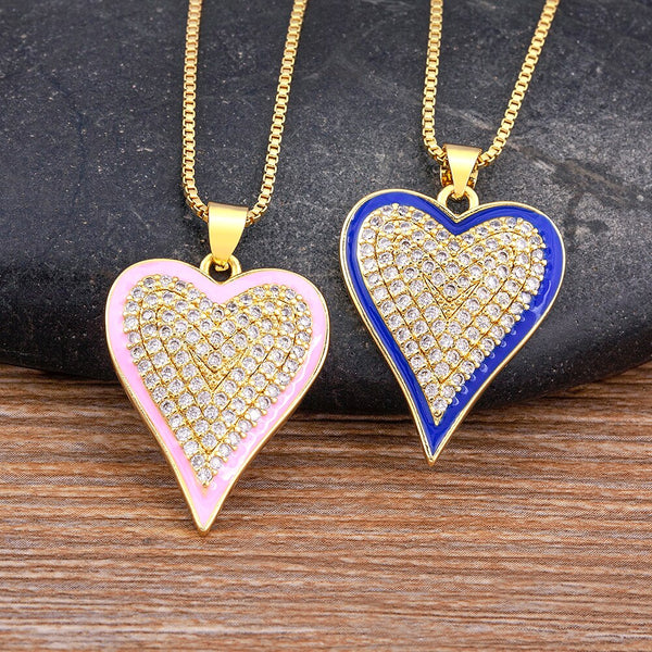 Collar dorado con colgante de diamantes de imitación brillantes en forma de corazón de 6 colores y esmalte de lujo para mujer