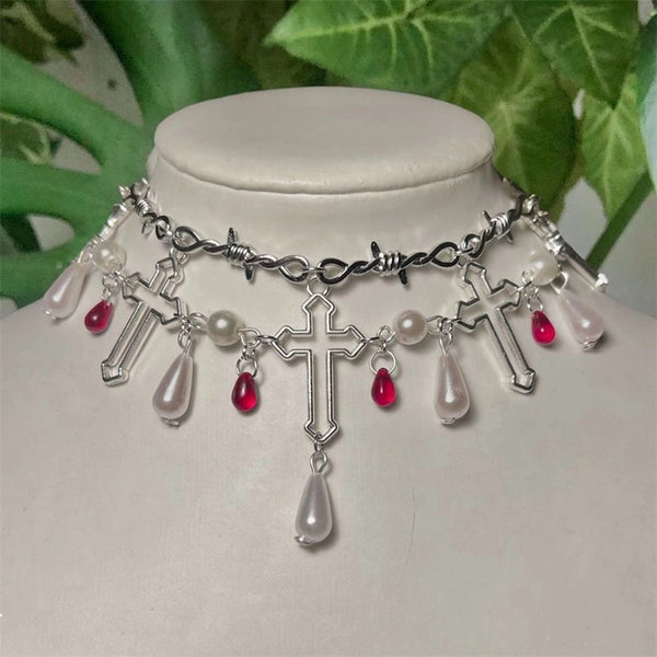 Collar vintage con dije de perla de cristal, cruz de bruja con núcleo de hada y espinas, rosario