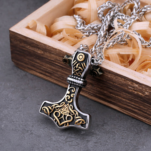 Collar nórdico vikingo Mjolnir con martillo de Thor, acero inoxidable, amuleto de motociclista de moda para hombre, colgante Valknut