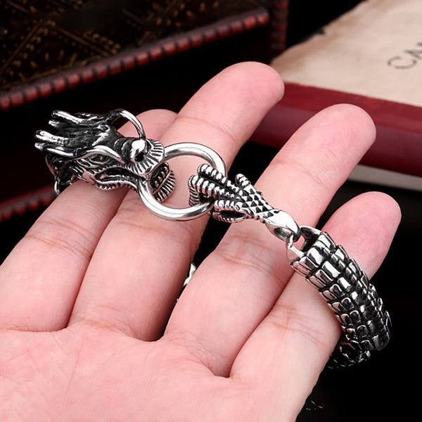 Pulsera vintage de acero inoxidable 316L con cabeza de dragón hecha a mano para hombre