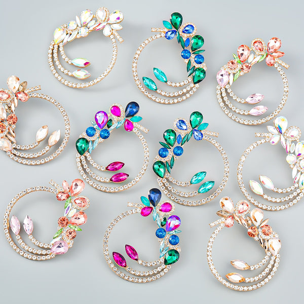 Pendientes redondos de flores multicapa con diamantes de imitación de metal para mujer