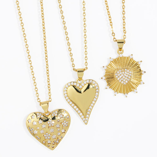 Gold Plated Love Heart Necklaces for Women Girls Copper CZ Rhinestone Heart Necklaces