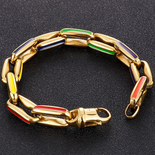 Hiphop Bracelet for Men In Colorful Stainless Steel Luxury Gold Plated 11MM Curb Link Chain Men‘s Bracelets