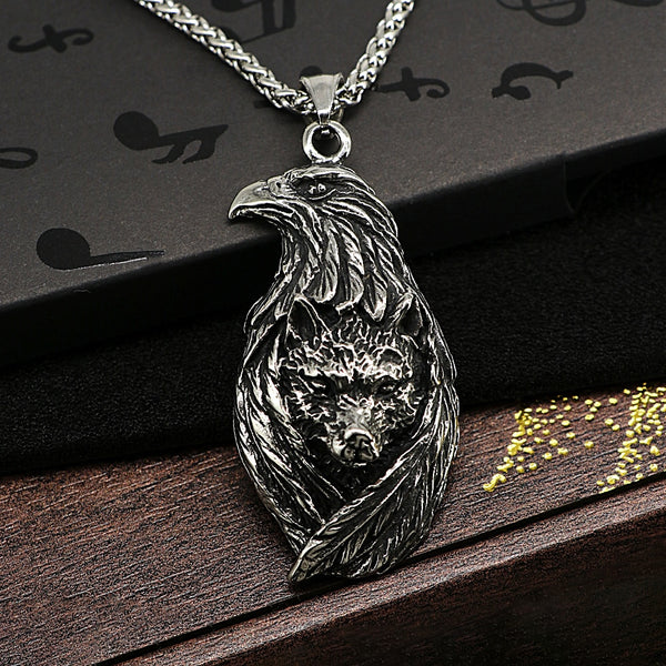 Collar con colgante vintage de águila voladora y cabeza de lobo para hombre, colgante de animal de acero inoxidable