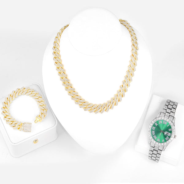 New Hip Hop Luxury 3PCS KIT Watch+Necklace+Bracelet