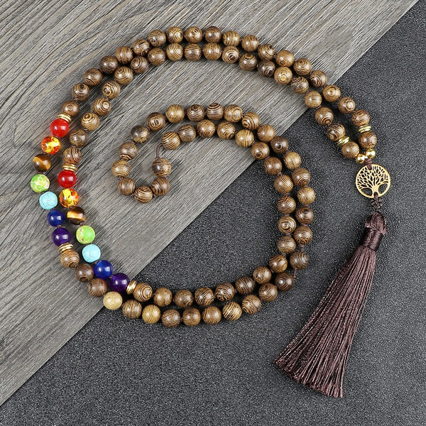 Collar de oración budista con cuentas de madera natural Mala 108 para hombres y mujeres
