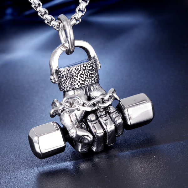 316L Stainless Steel Muscular Men Pendant Necklace Gym Dumbbell Weightlifting Necklace