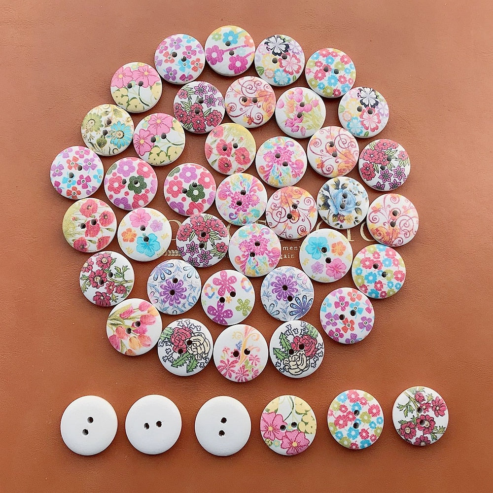 150PCS 20mm 2 Holes Mixed Colors Printed Wood Buttons