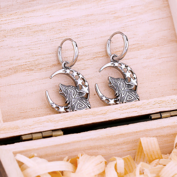 Pendientes vikingos punk con forma de lobo, luna y estrella para hombre
