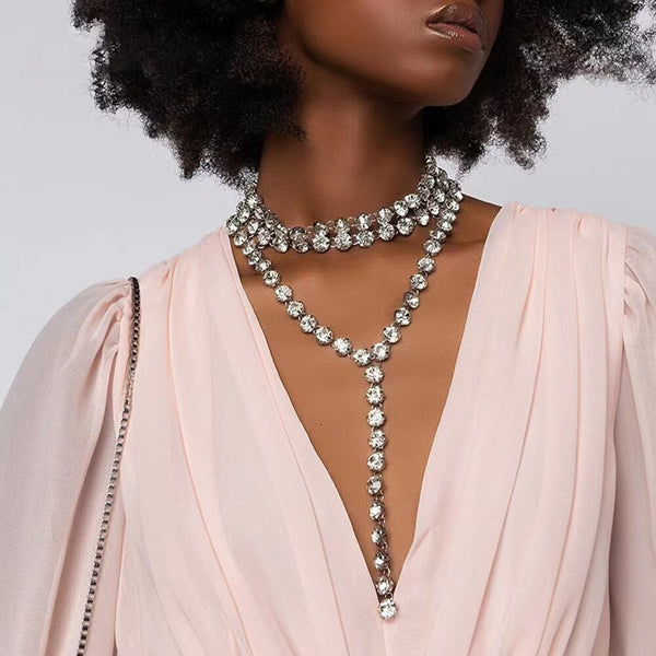 Fashion multi-layer crystal tassel chain necklace wedding jewelry women