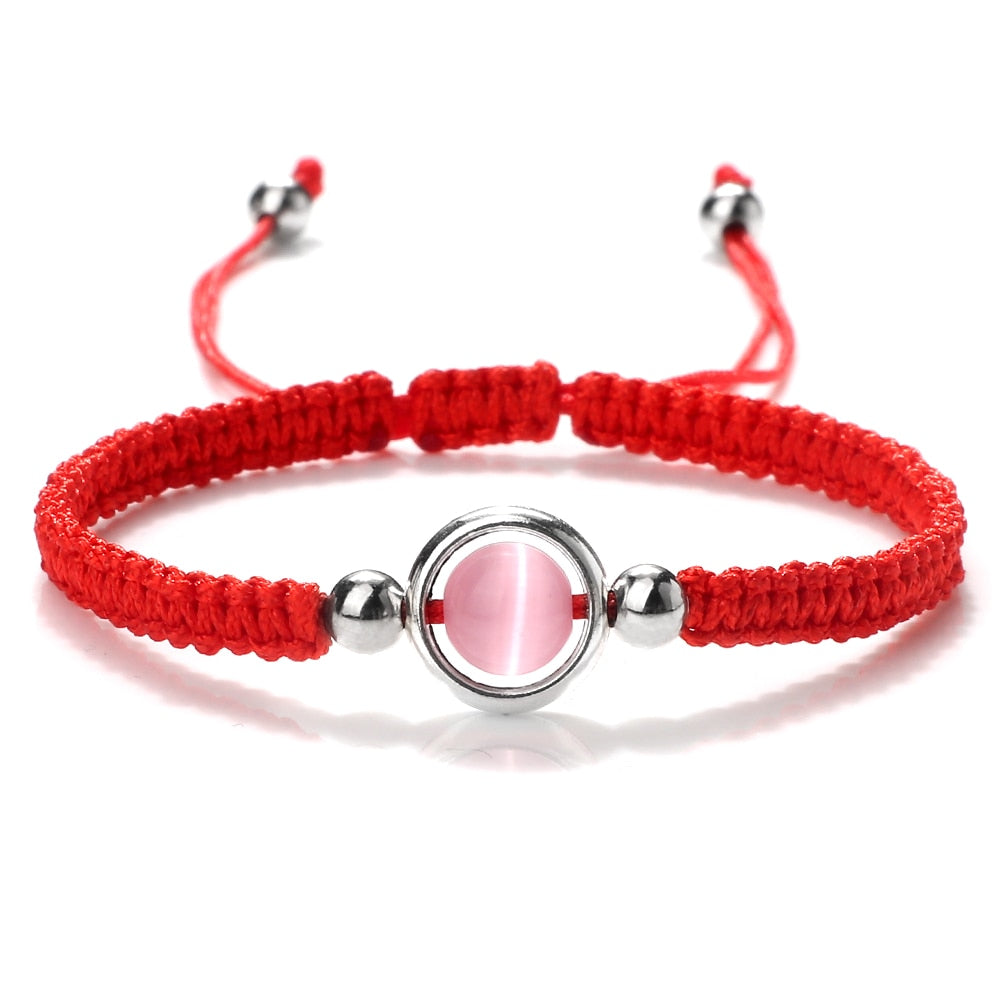 Pink Cat Eye Stone Beads Braided Bracelet For Women Red Thread String Bracelet