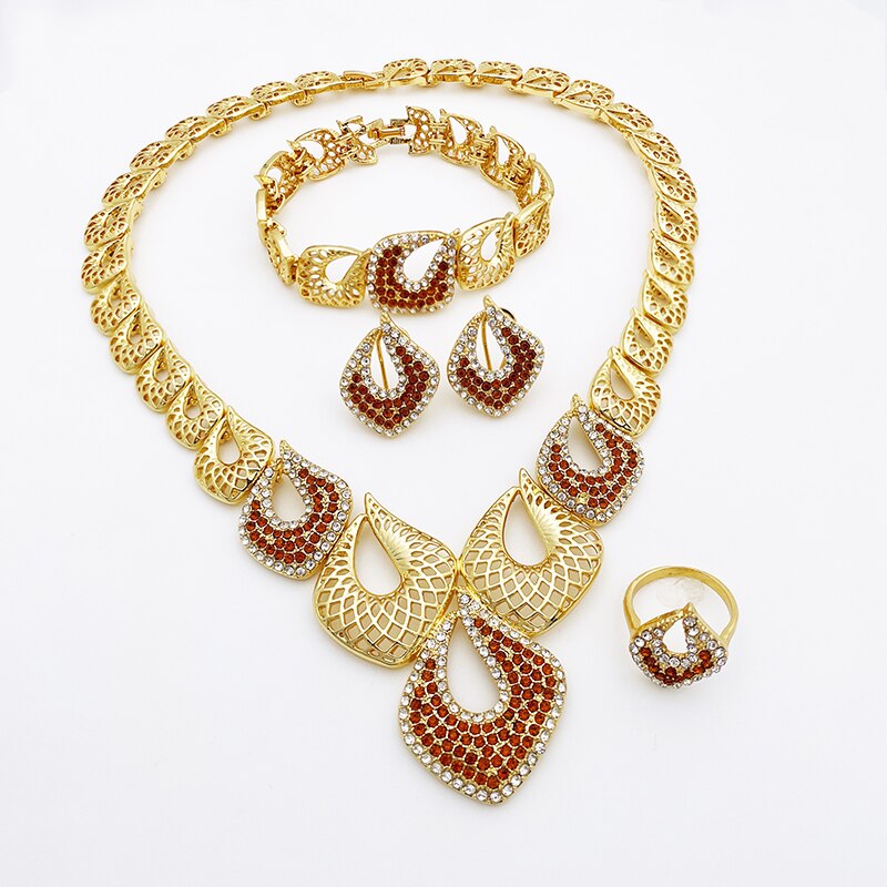 Dubai Gold Color Jewelry Set Women’s Necklace Earrings Charm Bracelet