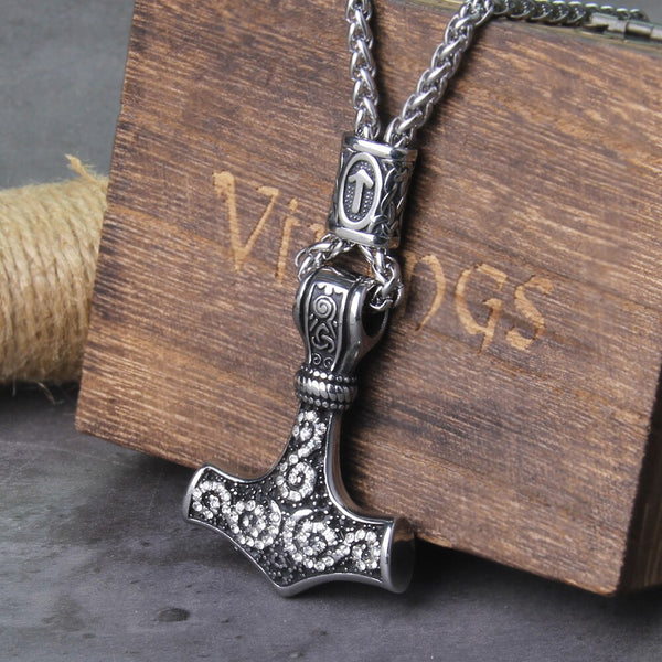 Never Fade Stainless Steel Viking Thor Hammer Rune pendant necklace and with wooden box