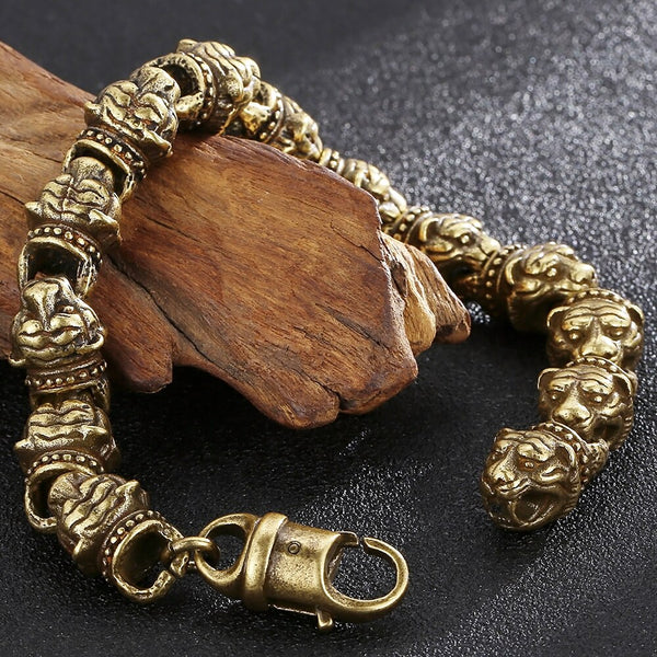Pulsera Steampunk con cabeza de tigre para hombre, de acero inoxidable macizo, color oro viejo, estilo vintage.