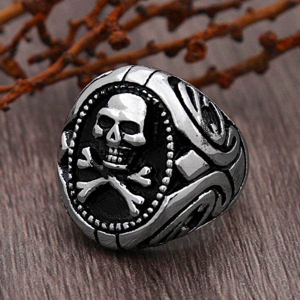 Anillo gótico de acero inoxidable con calavera pirata para hombre, estilo punk, dorado, con sello de calavera de motociclista.
