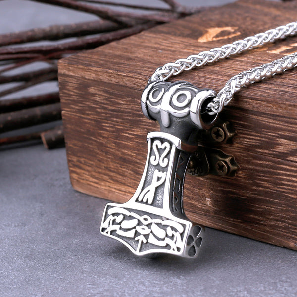 Collar de acero inoxidable con martillo de Thor y cuervo vikingo para hombre