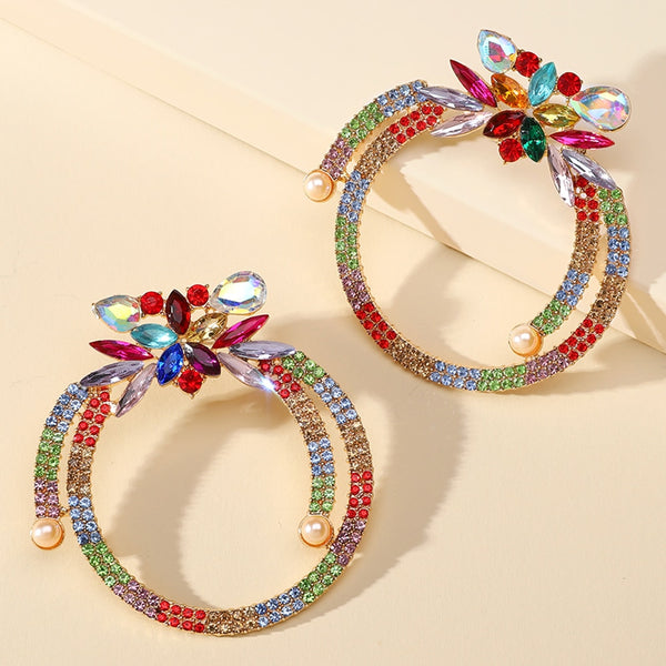 Pendientes colgantes circulares con incrustaciones de metal y perlas de imitación de cristal para mujer