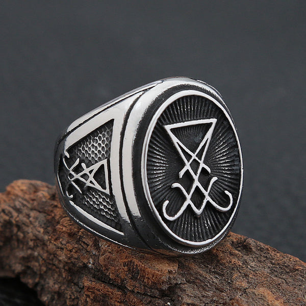 Anillo de sello vintage de Lucifer Satán para hombre, anillo gótico con cruz de Satán