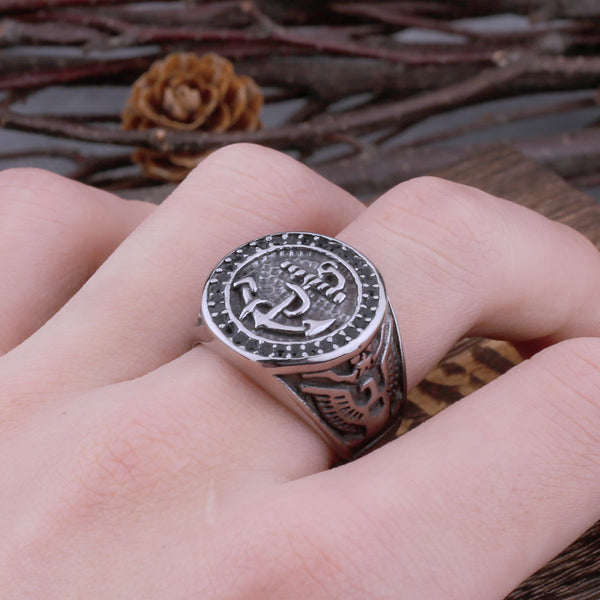 Anillo de acero inoxidable 316L con diamantes y ancla vikinga para hombre