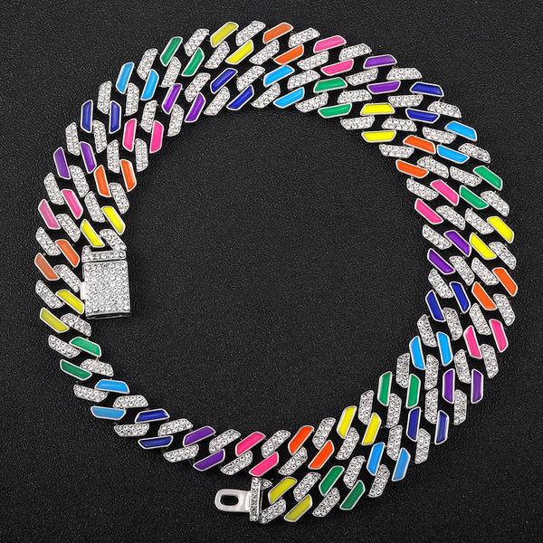 Cadena cubana Miami Curb de 13 mm con diamantes de imitación pavimentados y coloridos de estilo hip hop