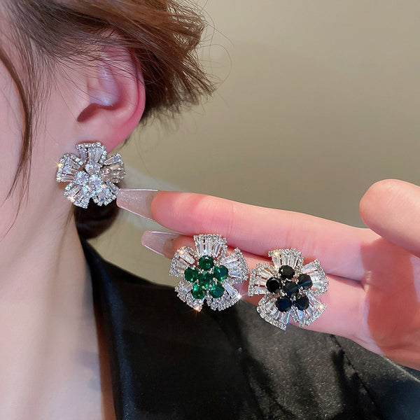 Pendientes de botón con cristales de imitación para mujer, con flores azules