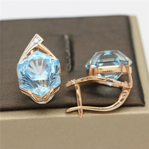 585 Purple Gold Plated 14K Rose Gold Inlaid Geometric Light Sapphire Earrings for Women