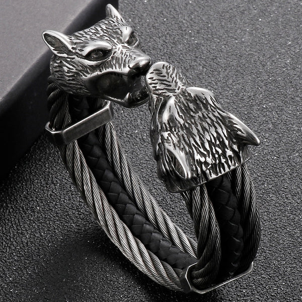 Viking Jewelry Wolf Heads Twisted Cable Open Cuff Bangle Bracelet For Men
