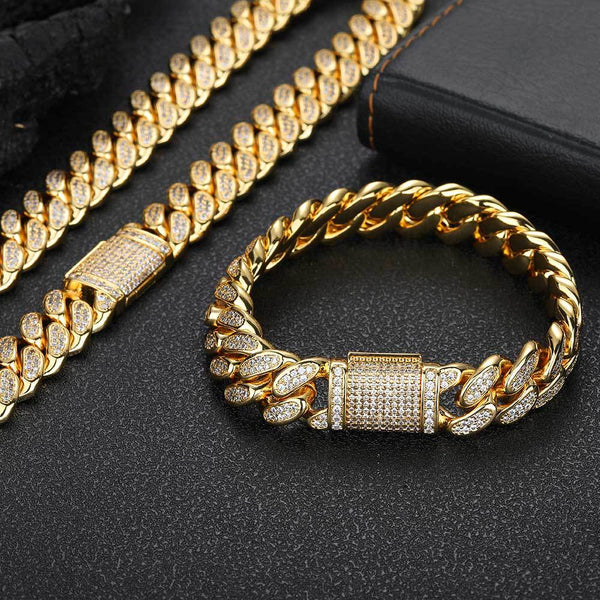 Pulsera de hip hop de 13 mm con cadena cubana de dos filas y hebilla de caja con brillantes y circonitas cúbicas AAA+