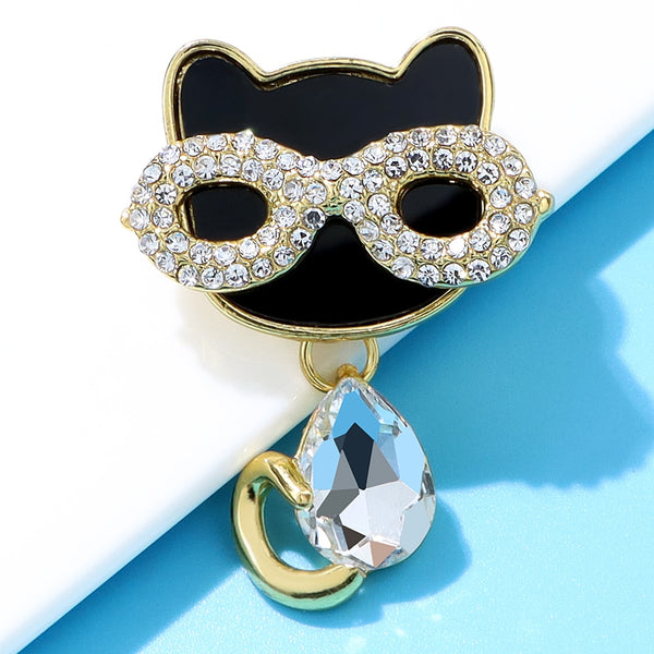 Rhinestone Wear Glasses Cat Brooches For Women