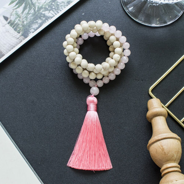8mm White Fossil Rose Quartz Beaded 108 Mala Necklace
