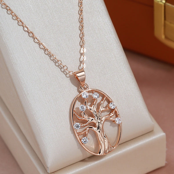 Tree of Life Round Zircon Pendant 585 Rose Gold Color Necklace