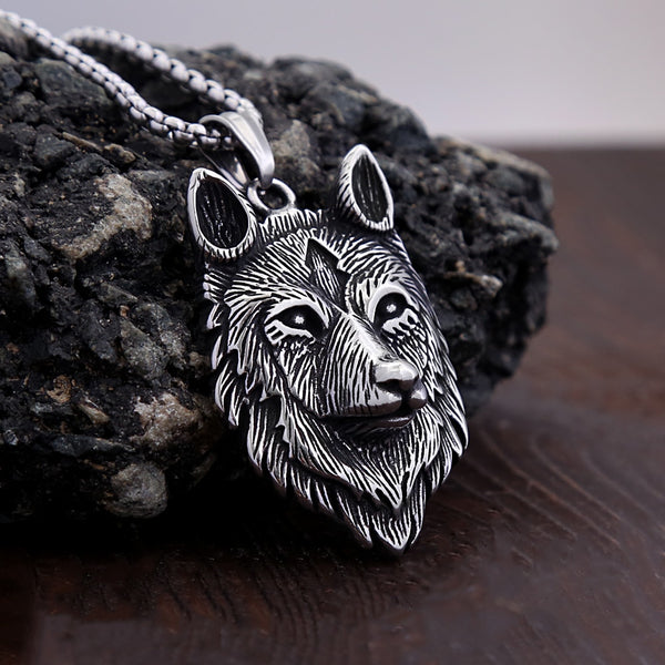 Collar con colgante de cabeza de lobo vikingo retro de moda para hombre, collar de acero inoxidable con diseño de animal